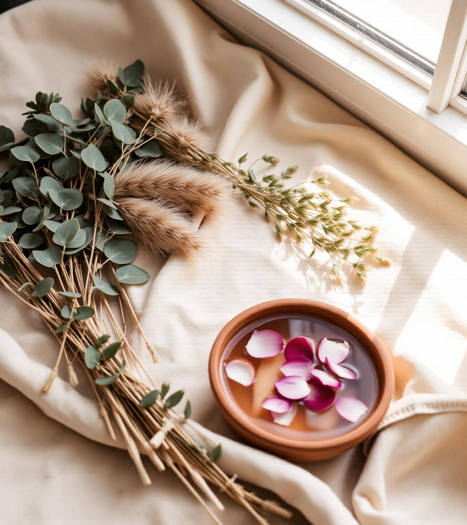 Warm botanical still life with eucalyptus and petals
